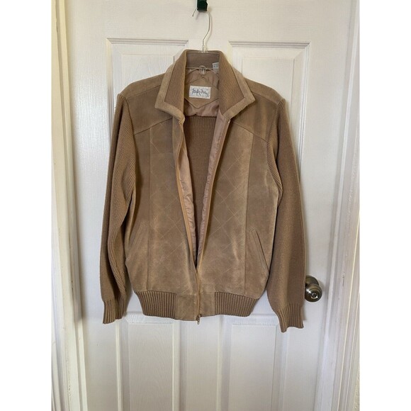 Vintage 1970's Mister Marr Leather and Knit Sweater Jacket Brown Tan Large - Picture 1 of 10